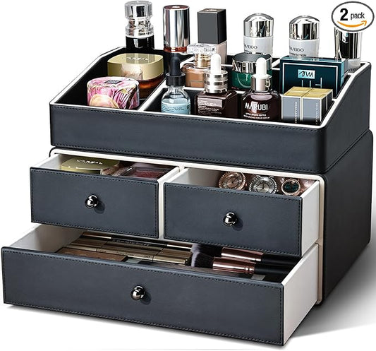 KINGFOM 2 Tier PU Leather Makeup Organizer with 3 Drawers, Cosmetic Storage Organizers for vanity Dresser Countertop and Bathroom Vanity, Beauty Holder for Lipstick Brush Skincare (Black)