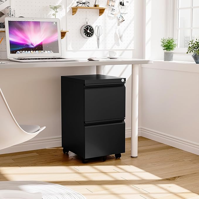 2 Drawer Locking Under Desk Metal Storage Cabinet on Wheels for Legal/Letter/A4 Files (Fully Assembled, Black)