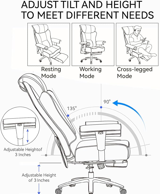 Efomao Big and Tall Office Chair 450LBS with Foot Rest, High Back PU Leather Executive Office Chair with Adjustable Padded Armrests, Lumbar Support for Home or Work, Heavy Duty Computer Chair, White