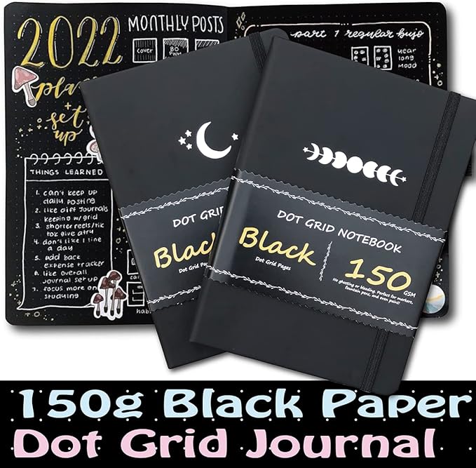 BUKE Dotted Journal - Dot Grid Notebook - 150gsm No Bleed Black Paper - 160 Black Pages - For Women and Men - A5 PU Leather Hardcover 5.75" x 8.5" and Gift Box MOON Stars(BKB-4)
