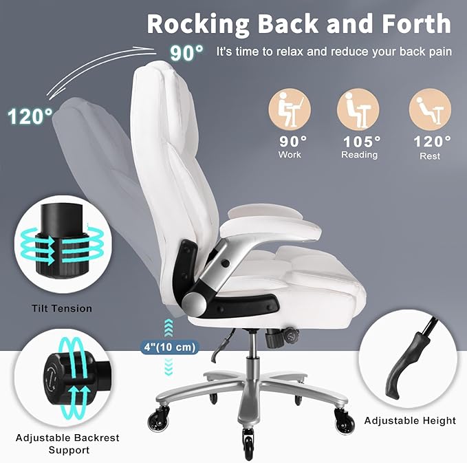 Big and Tall Office Chair 600lbs, Ergonomic Heavy Duty Executive Office Chair, High Back Office Leather Chair with Adjustable Armrests and Lumbar Support, White Big Tall Chair for Heavy People