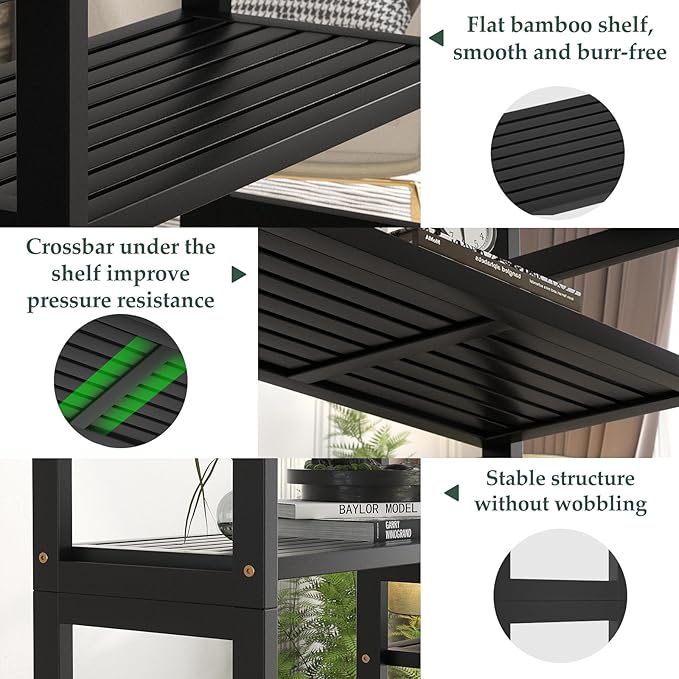 Homykic Double Wide Bamboo Bookshelf Black, 6-Tier Large Open Bookcase with 12 Display Shelves, 6ft Tall Freestanding Book Shelf for Home Office, Bedroom, Living Room, Plants