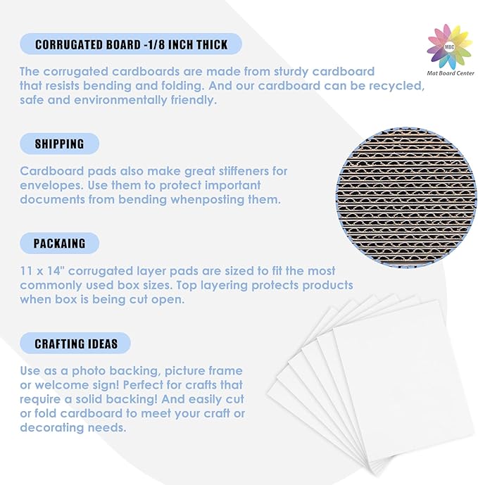 Mat Board Center, 25 pack 11x14 Corrugated Cardboard sheet, 1/8 inch thick, Flat Cardboard Inserts for Mailing, Packaging & Shipping, Cardboard Backing, Craft Card Board (White on one side)
