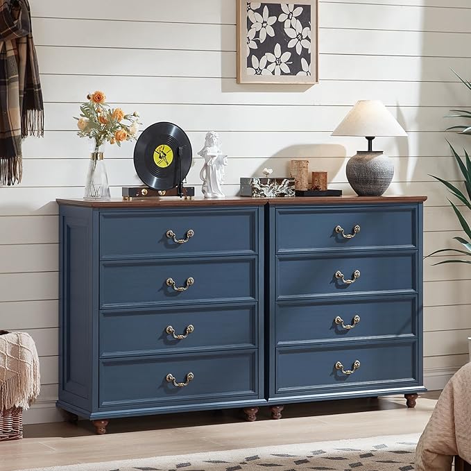 Farmhouse 4 Drawer Dresser for Bedroom, 37" Tall Rustic Chests of Drawers w/ 4 Solid Wood Feet, Mid Century Modern Wooden Closet Storage Dressers Organizer for Living Room, Hallway, Navy Blue