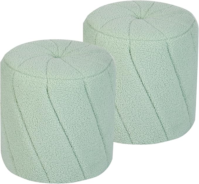 Modern Round Ottoman 2Pcs, Spiral-Tufted Foot Stool Ottoman, Teddy Fleece Upholstered Vanity Stool for Makeup, Bedroom, Living Room, Light Green
