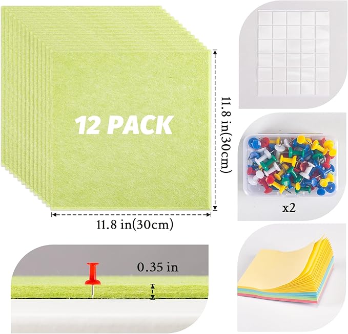 Large Cork Board Alternative, 12 Pack Felt Board with Safe Removable Adhesive Tabs Felt Wall Tiles, Large Cork Boards for Walls, Cork Board for Home Office, Pin Boards for Walls, Green