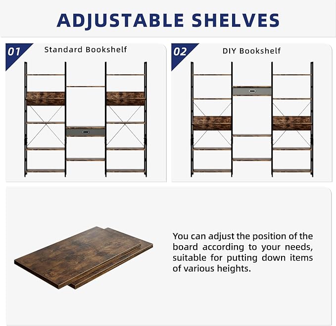 NUMENN Bookcases and Bookshelves Triple Wide 5 Tier Bookshelf, Large Etagere Bookshelf with Storage Drawer, Adjustable Open Display Shelves for Living Room Bedroom Home Office, Vintage Brown