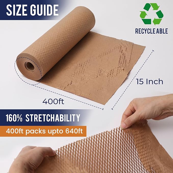 Honeycomb Packing Paper 15" x 400ft with Rope & 20 Fragile Stickers|Shipping & Moving Supplies|Small Business Packaging Supplies|Eco Friendly Bubble Wrap Packing Boxes for Moving Certified FSC C204227