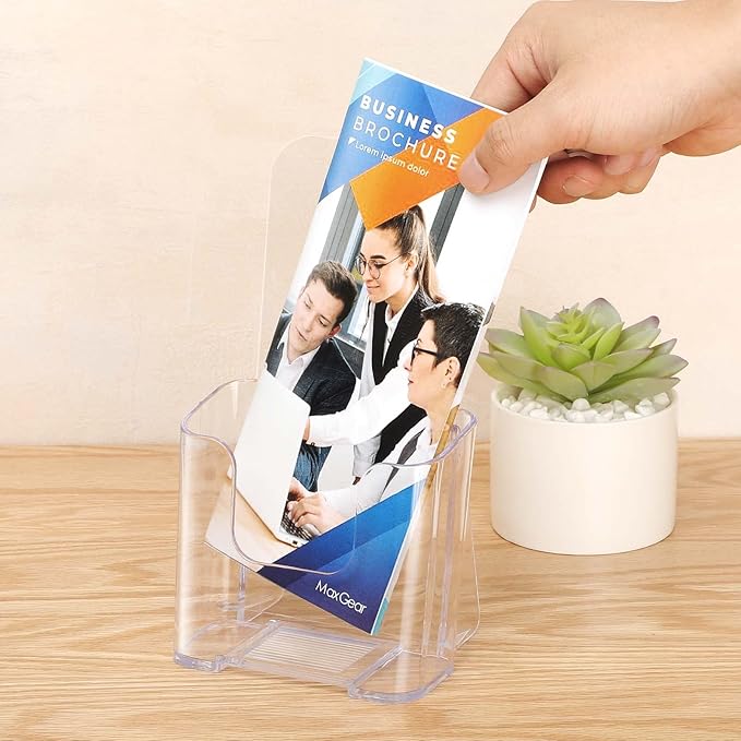 MaxGear Acrylic Brochure Holder, Premium Brochure Holder Stand 4 inches Wide Plastic Pamphlet Holder Wall Mount Clear Countertop Organizer Literature Holders Flyer Holder Plastic Display Stand(4Pack)