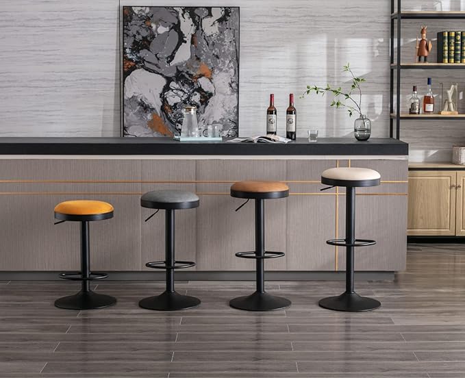 Round Swivel Counter Height Bar Stools Set of 4 Modern Adjustable Barstools Backless Corduroy Bar Chairs Industrial Island Chairs with Metal Base/Footrest for Kitchen Island/Pub/Bar, Yellow