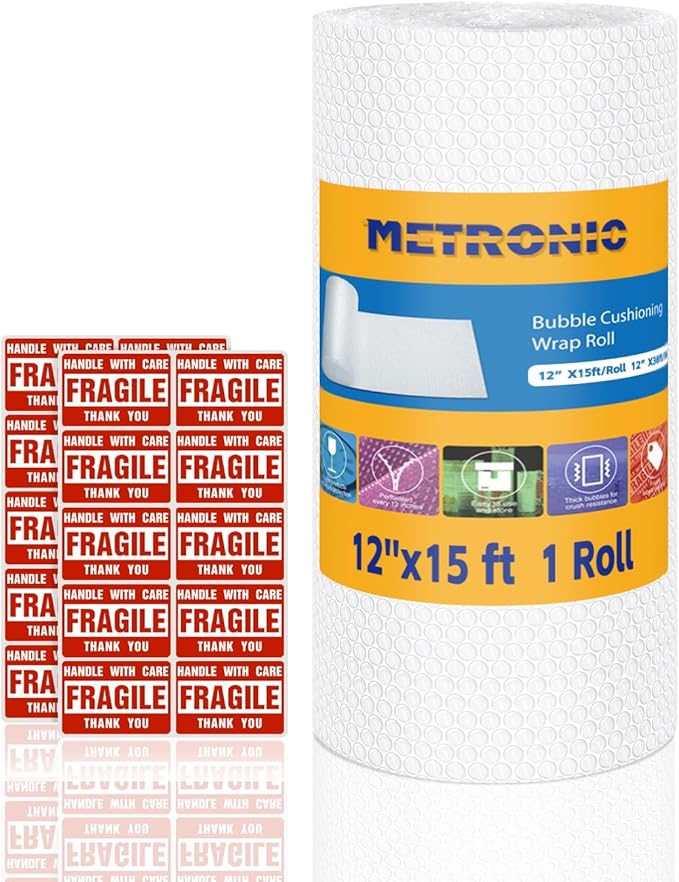 Metronic Bubble Cushioning Wrap 1 Pack 12 Inch x 15ft Total, Dense Bubble Packing Air Wrap Clear Bubble Packing Roll for Shipping and Moving Supplies