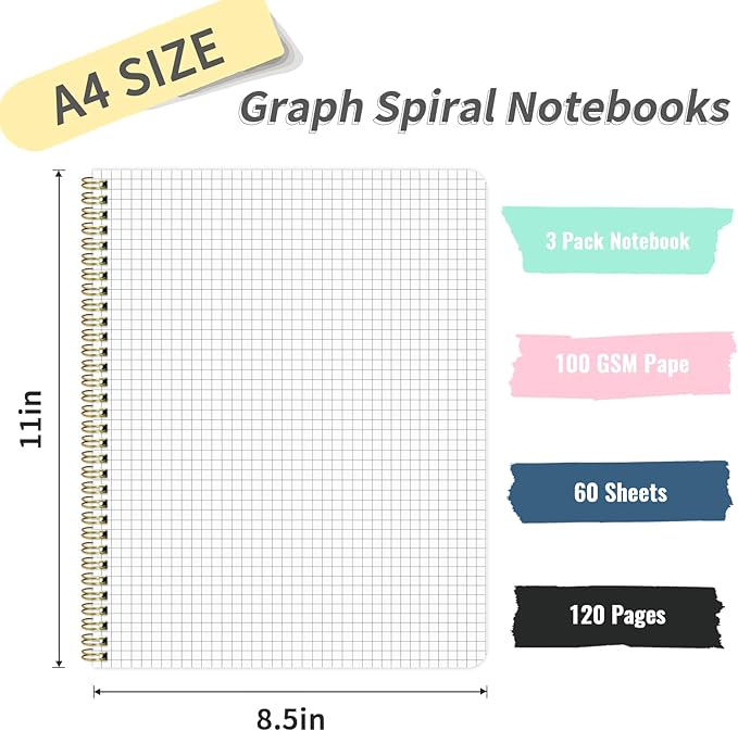 Spiral Graph Notebook 8.5" x 11", A4 Pink Grid Paper Notebook Hardcover College Ruled Notebook for Work, 120 Pages 100GSM Large Thick Spiral Writing Journal for Women & Men
