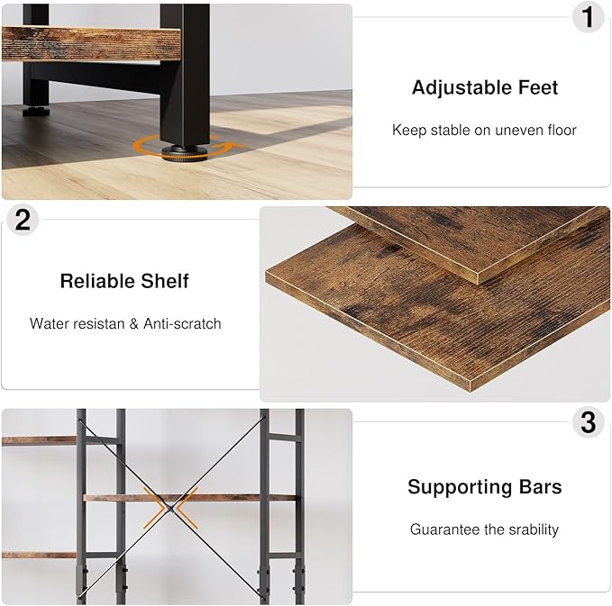 OTK Triple Wide 5 Tier Bookshelf, Rustic Industrial Style Bookcases with 14 Open Display Shelves, Wide Bookshelves for Bedroom, Living Room and Home Office, Rustic Brown