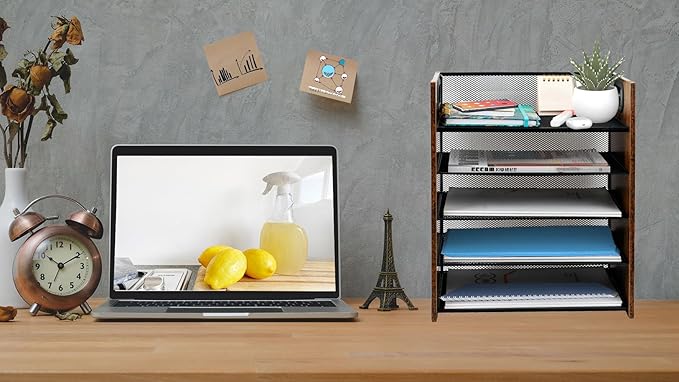 Wood Desk Organizer - 5-Tier Desktop File Organizer, Wooden Paper Tray, Office Desk Organzier and Accessories for Papers, Mail, Notebooks, Stationery