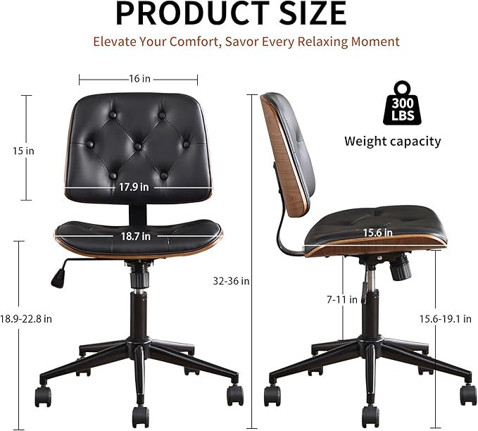 Small Home Office Chair - Armless Mid Back Desk Chair with 360° Swivel and Wheels, PU Upholstered Height Adjustable Modern Walnut Computer Chair for Home, Office Meeting Room - Black