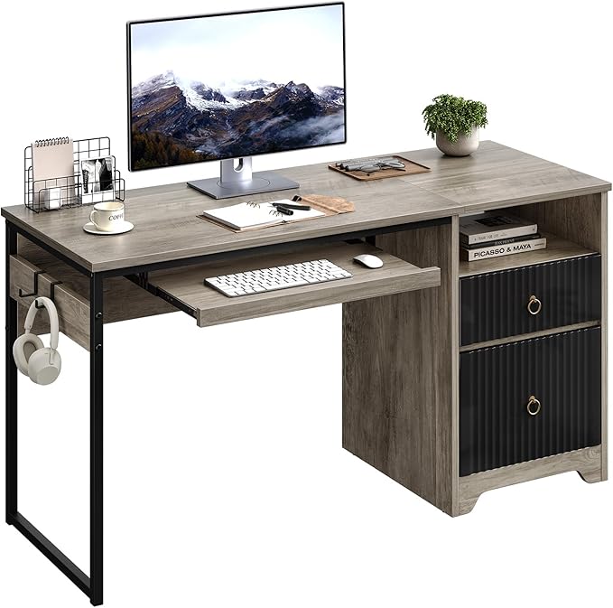 Bestier 55 Inch Computer Desk with Keyboard Tray, Modern Office Desk with Storage, Wood Writing Desk with File Drawer, Fluted Panel & 2 Hooks for Home Office & Studio, Grey