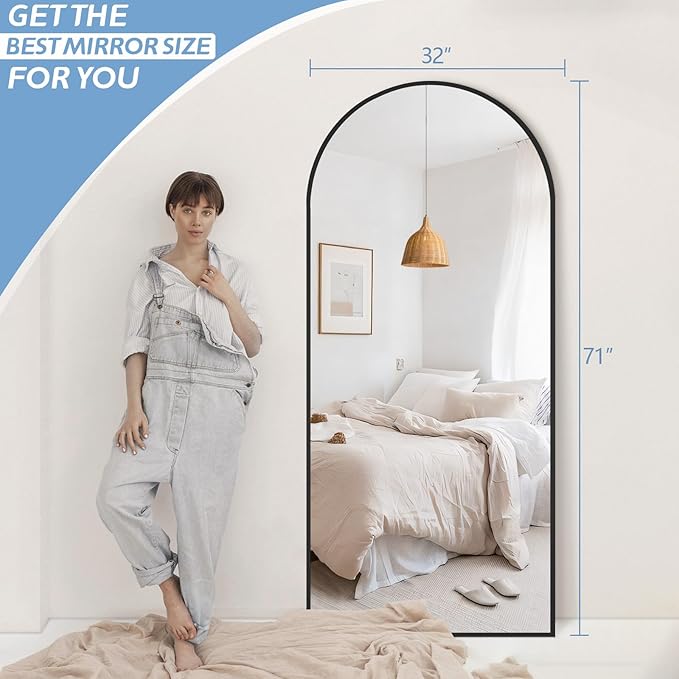 Large Arched Floor Mirror Full Length with Stand, 71''x32'' Black Standing Full Length Mirror for Bedroom Living Room Gym, Aluminum Alloy Frame