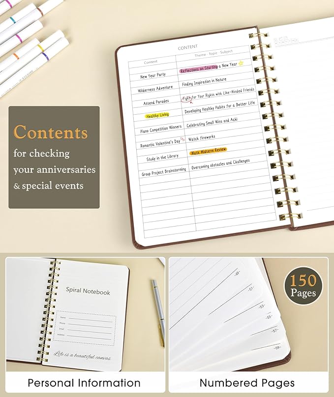 Lined Spiral Journal Notebook, A5 Hardcover Spiral Journals for Women Men, 150 Numbered Pages Spiral Bound Notebook, 100 GSM College Ruled Notebooks for Writing Note Taking 5.75" x 8.38", Dark Brown