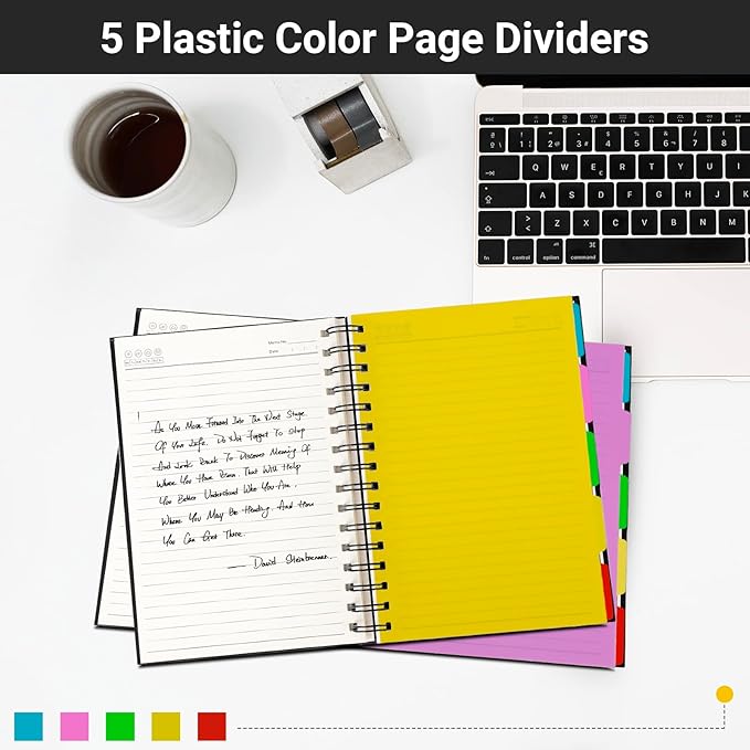 EUSOAR College Ruled Spiral Notebook, 3 Pack A5 5.5"x 8.3", 100gsm Paper, 120 Sheets/ 240 Pages, Black Hardcover 5 Subject Spiral Lined Notebooks, for Note Taking School Business Work Writing Diary