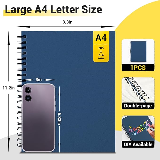 EUSOAR Spiral Notebook, 1 Pack A4 8.3"x11.2" Hardcover College Ruled Lined Journal, 240 Pages(120 Sheets) Writing Pads Professional Notebook for DIY Note Taking School Business Work Office Diary