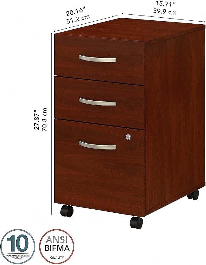 Bush Business Furniture 3 Drawer Mobile File Cabinet - Assembled, Rolling Document Storage for Home or Professional Office, Studio C Collection, Hansen Cherry
