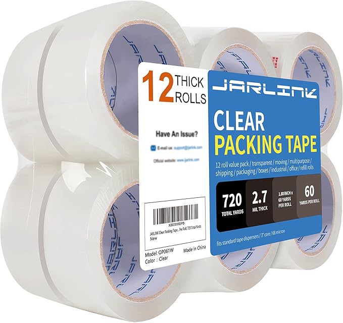 JARLINK Clear Packing Tape (12 Rolls), Heavy Duty Packaging Tape for Shipping Packaging Moving Sealing, 2.7mil Thick, 1.88 inches Wide, 60 Yards Per Roll, 720 Total Yards