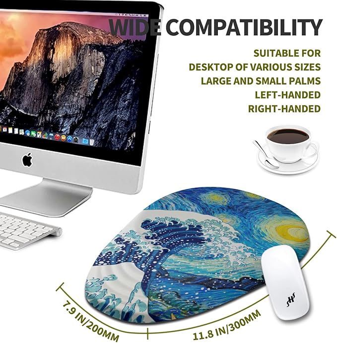 Hokafenle Ergonomic Mouse Pad Wrist Support, Terraced Slope Carpal Tunnel Wrist Pad for Mouse with Unibody Memory Foam, Wrist Rest Pain Relief Mousepad (Starry Night Sea Wave, 11.8x7.9 in)