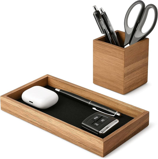 HULISEN Wooden Desk Organizer Tray with Pen Holder, Non-Slip Desk Tray and Pencil Holder Set with Felt Lined, Desktop Accessories for Home Office Workspace Organization