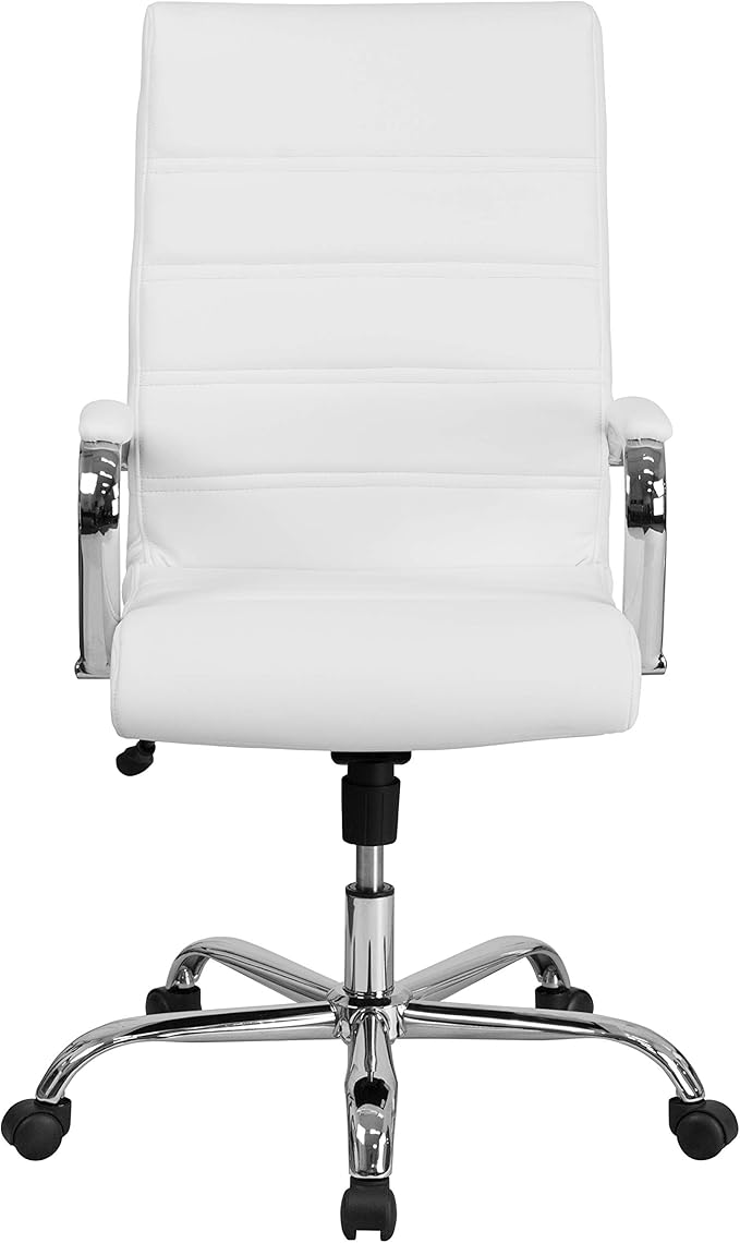 Flash Furniture Whitney High-Back Swivel LeatherSoft Desk Chair with Padded Seat and Armrests, Adjustable Height Padded Office Chair, White/Chrome