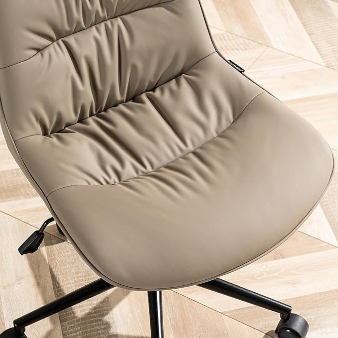 Kidol & Shellder Faux Leather Office Chair, Adjustable Swivel Height Task Chair, Rolling Wheels & Soft Backrest - Armless Ergonomic Desk Chair for Home, Office,Vanity,Gaming（Khaki）