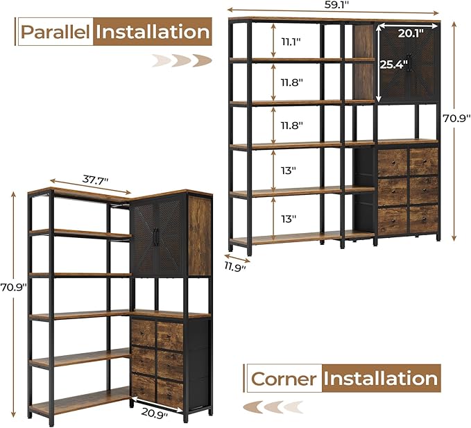 Corner Bookshelf, 6 Tier Industrial Convertible Bookshelf with 6 Fabric Drawers, Corner Bookcase Large L Shaped Storage Display Shelf for Home Office, Living Room, Kitchen, Rustic Brown