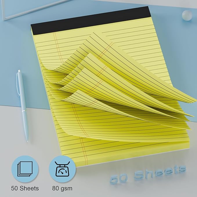 AILZFEI 300 Sheets Light Yellow Legal Pads 8.5 x 11.75 Wide Ruled Paper 6-Pack Note Pad 50 Sheets per Notepad Perforated Writing Pad Durable Sturdy Back 8x11 Pads of Paper