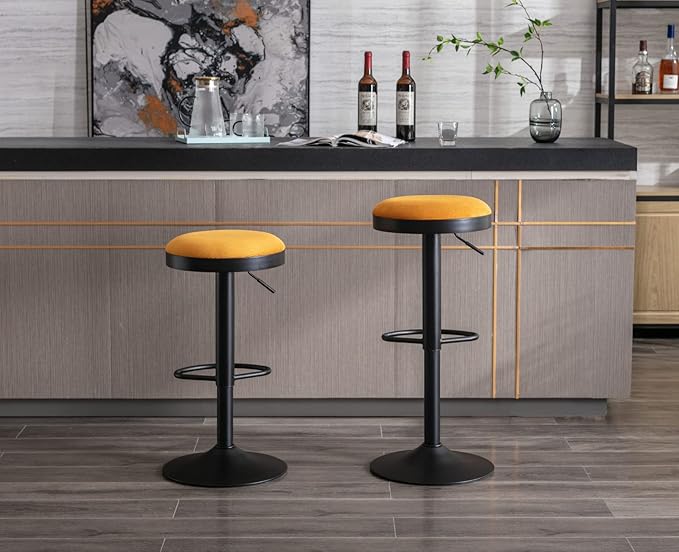Round Swivel Counter Height Bar Stools Set of 2 Modern Adjustable Barstools Backless Corduroy Bar Chairs Industrial Island Chairs with Metal Base/Footrest for Kitchen Island/Pub/Bar, Yellow
