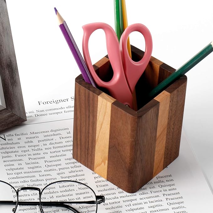 Walnut Pencil Holder Wood Pen Holder For Desk Pen Cup Organizer Ofiice Pencil Stand Simple(Cherry center walnut side)