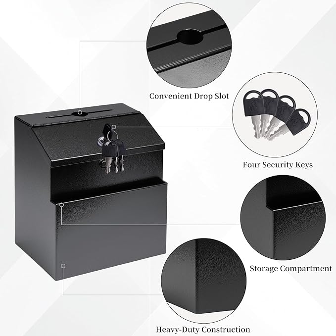 Suggestion Box with Slot and Lock Metal Wall Mounted Donation Box with 4 Keys