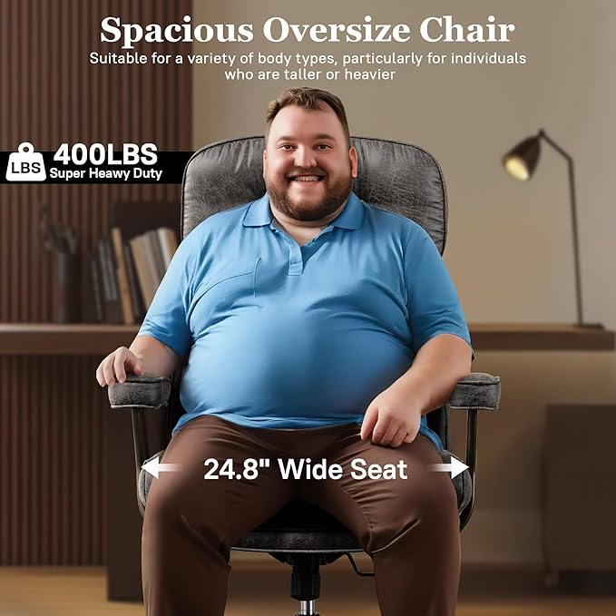 Mid Century Modren Big and Tall Office Chair,Large Ergonomic Executive Chair for Heavy Duty People, Computer Desk Task Chair with Wheels, Faux Lether Fabric Wide Chair for Home Sturdy,Grey