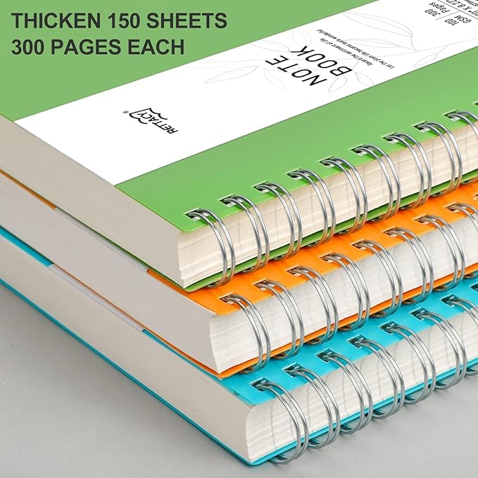 RETTACY Spiral College Ruled Notebook, 300 Pages, B5 Medium Size (7.4" x 10"), for School, Work, Writing, Journaling, 100 GSM Thick Paper, Flexible Plastic Cover (Green)