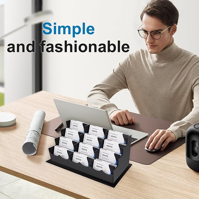 Business Card Holder, Acrylic Business Card Display, Clear Desktop Business Card Stand for Exhibition, Home & Office Black 4 Tiers 12 Slots