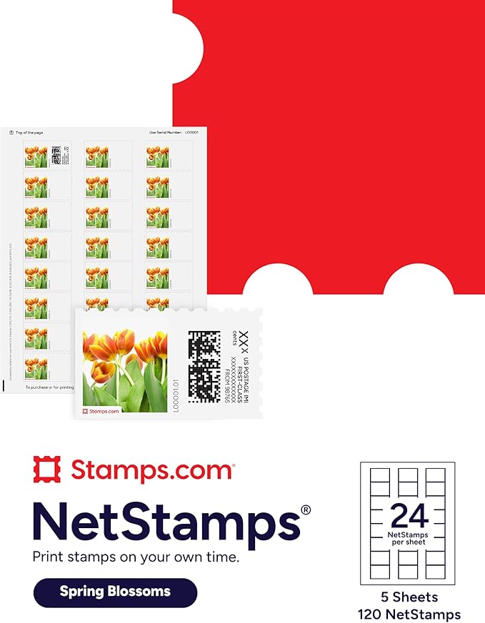 Spring Blossoms NetStamps 120-Pack (5 Sheets) Printable Postage Labels (Stamps.com Subscription Required) - Print Approved Postage - Inkjet & Laser Printers - Business, Personal, Home