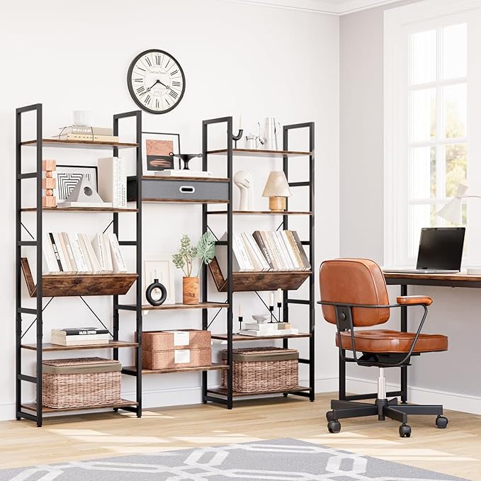 NUMENN Bookcases and Bookshelves Triple Wide 5 Tier Bookshelf, Large Etagere Bookshelf with Storage Drawer, Adjustable Open Display Shelves for Living Room Bedroom Home Office, Vintage Brown