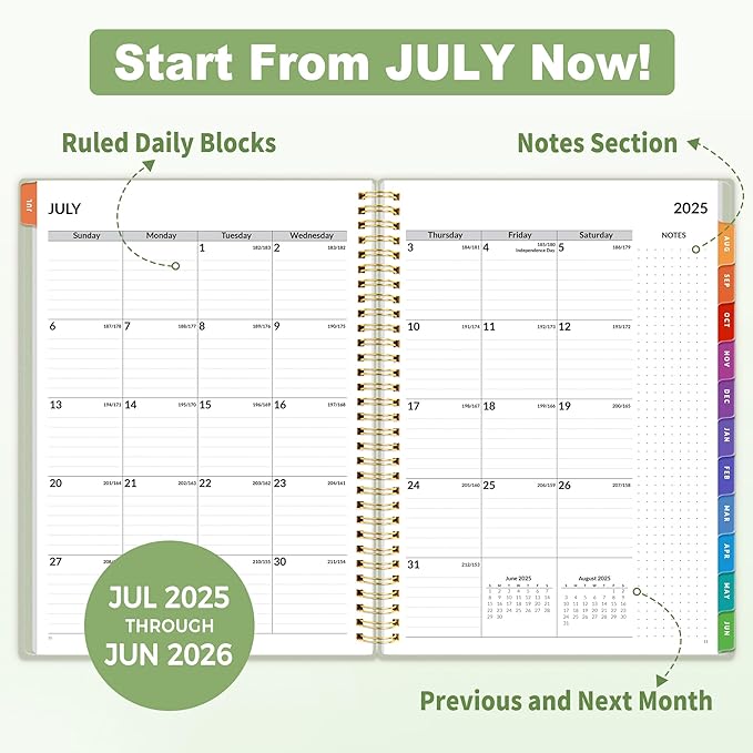 SUNEE 2025-2026 Appointment Book, Quarter-Hourly, Weekly & Monthly - from July 2025 to June 2026, 8.5"x11" Academic Planner, Flexible Cover, Note Pages, Pockets, Bookmark, Spiral Binding, Sage Green