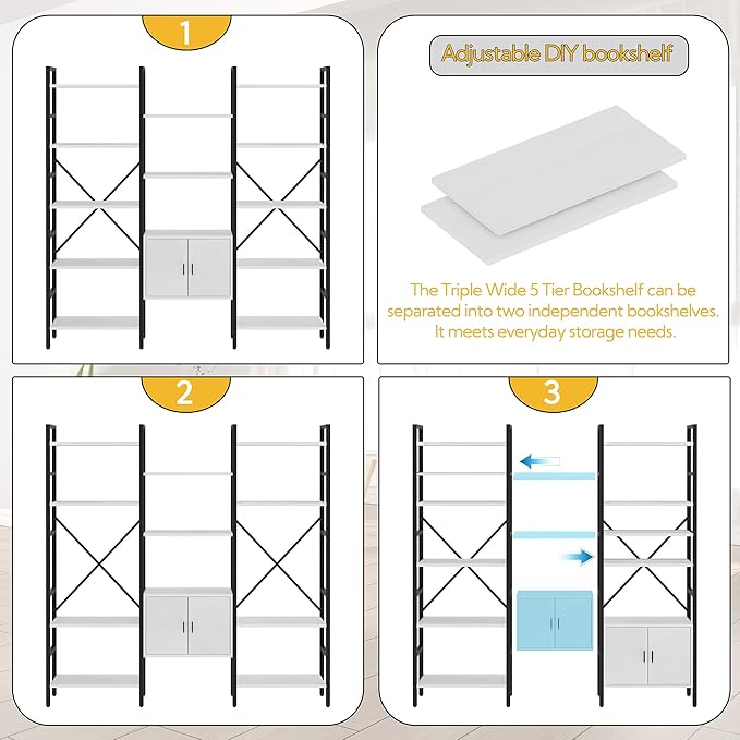 Yusong Bookshelf Triple Wide 5 Tier Bookcases with Storage Cabinet, Industrial Large Modern Tall Bookshelves with 12 Open Display Shelves for Living Room Office Bedroom, White and Black