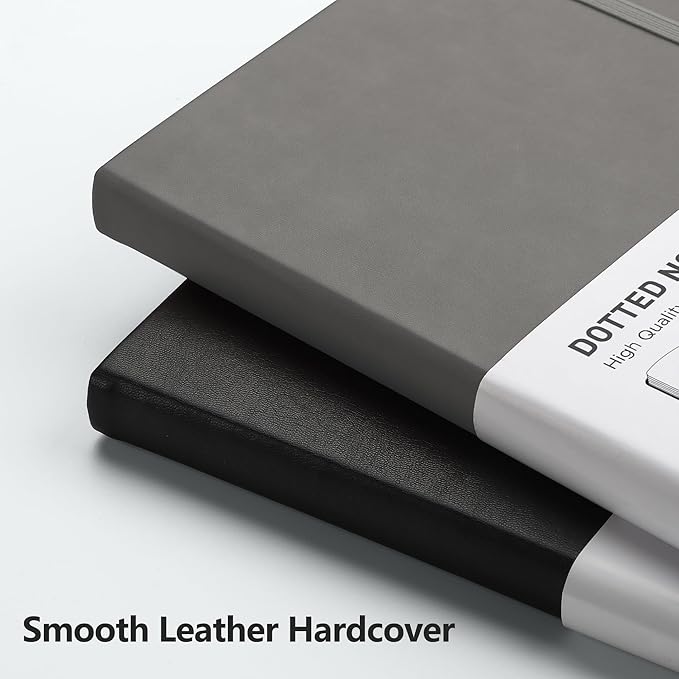 RETTACY Bullet Dotted Journal Notebook, 192 Pages, A5 Medium Size (5.7'' x 8.3''), Leather Hardcover, 100 GSM Thick Paper, for Bullet Journaling, Planning, Tracking (Gray)