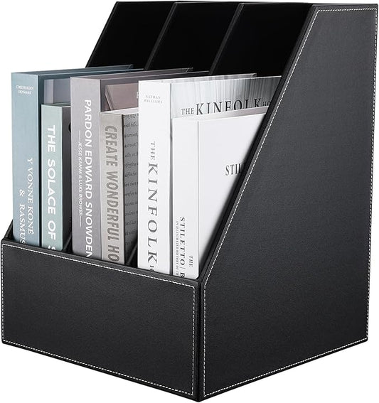 KINGFOM Desktop Wooden Leatherette Magazine File Holder-Organizer-3 Compartment Stand Rack-Papers Storage Box (black)