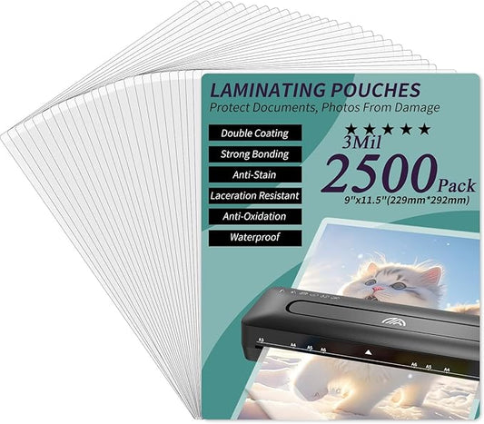 Laminating Sheets - 3Mil 2500 Pack Thermal Laminating Pouches, 9"x11.5" Clear Laminate Sheets for Schedules, Menus, Certificates, Art Drawings, Round Corner
