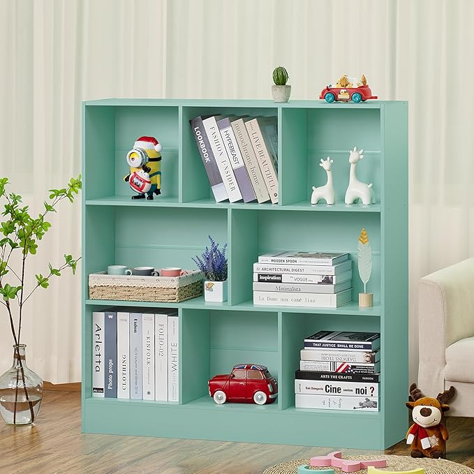 LEYAOYAO 8 Cube Bookshelf with Base,3 Tier Modern Mint-Green Kids Bookcase,Standing Wide Bookshelves Storage Organizer Toy Shelf,Wood Display Children's Book Shelves for Bedroom,Living Room,Nursery
