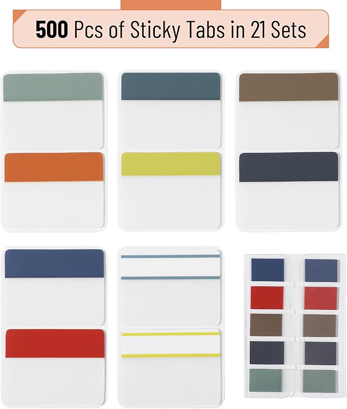 Mr. Pen- Sticky Index Tabs, 500 Pcs, 21 Sets, Colorful Sticky Tabs for Notebooks, Page Markers, Page Tabs for Binders, Page Tabs Sticky Tabs for Books, Notebook Tabs, Book Sticky Tabs for Notebooks