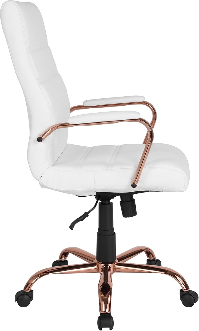 Flash Furniture Whitney High-Back Swivel LeatherSoft Desk Chair with Padded Seat and Armrests, Adjustable Height Padded LeatherSoft Office Chair, White/Rose Gold