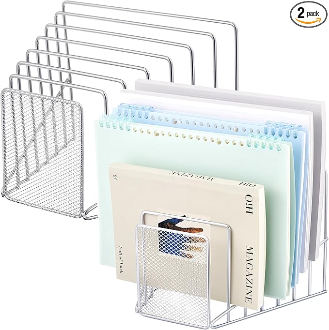 2 Pcs 7 Slot Incline File Sorter Metal Wire Mesh File Racks for Desktop Letter Sorter for Magazine Folder Book Organizer Home Office School Paper Mail Desk Storage Holder (Silver)