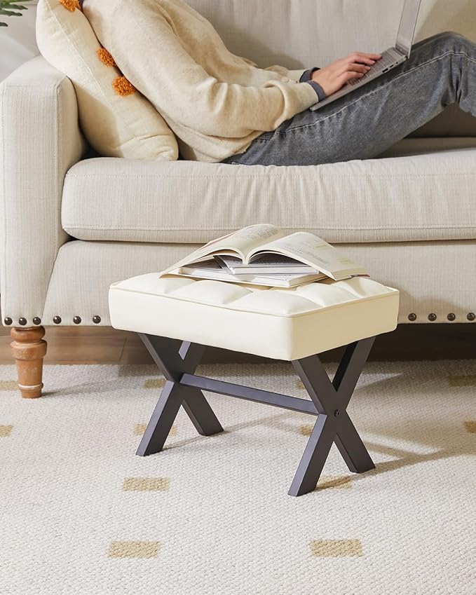 IBUYKE Small 12" H Footrest Stool, Square PU Foot Stool with Metal X-Leg, Multi-Use as Small Side Table, Step Stool for Living Room, Bedroom, Entryway, Office, White WBD012W